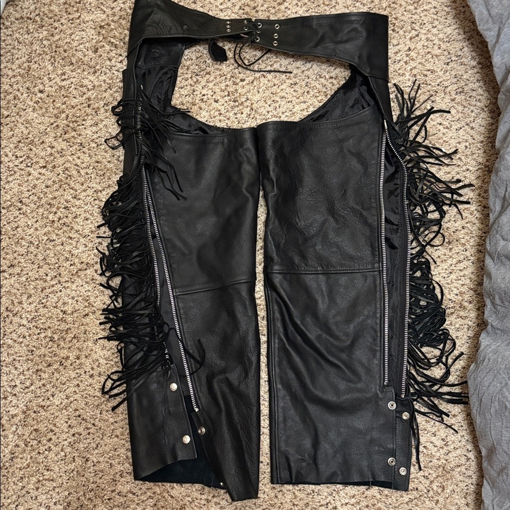 Black Leather Fringe Chaps
